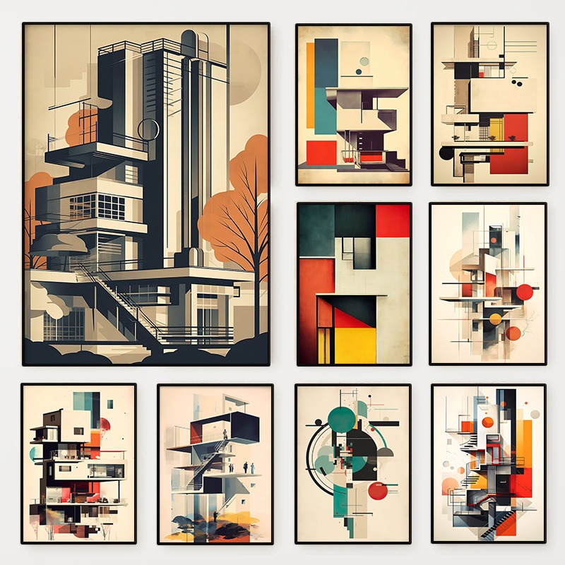 Vintage Fashion Wall Art - Vintage minimalistische Bauhaus architectuur schets poster