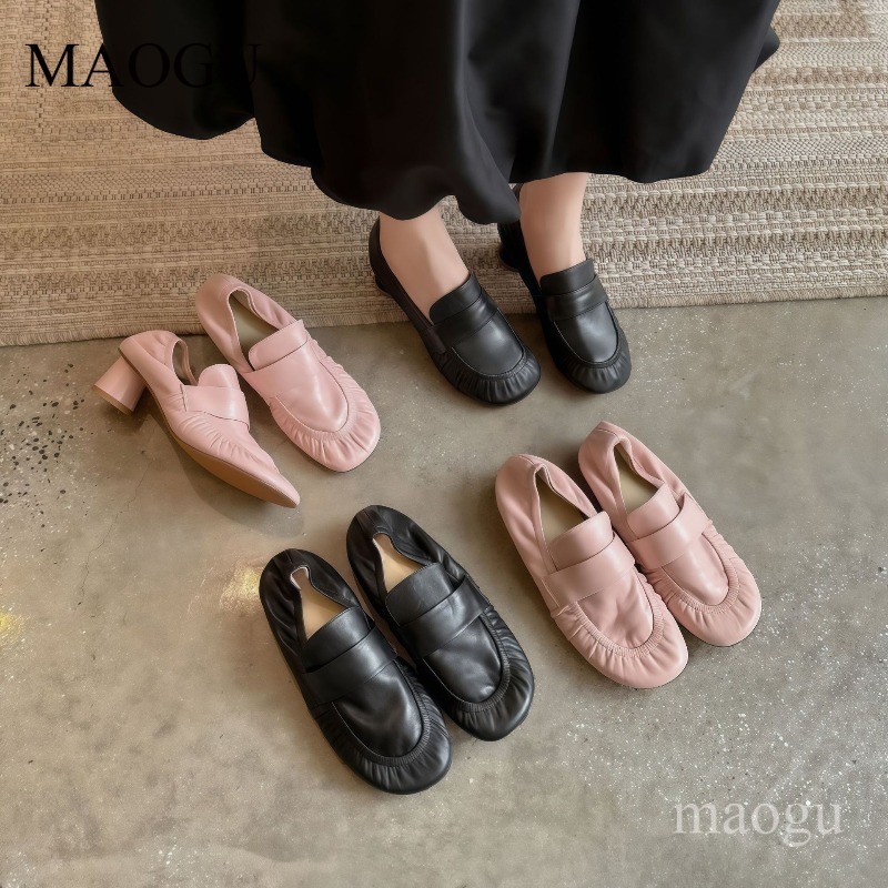 Vintage Fashion Style - Zacht lederen loafers dames geplooide ronde
