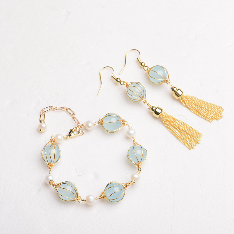 Vintage Fashion Jewelry - Blauwe natuurlijke jade kraal oorbellen mode-accessoires