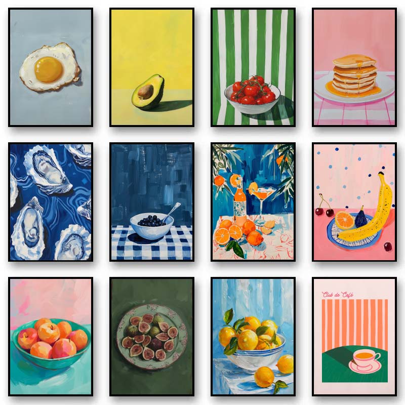 Vintage Fashion Wall Art - Vintage eetfruit oranje avocado tomaat koffie